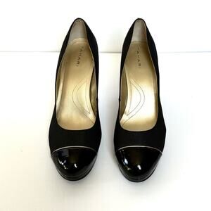 Tahari Laurie Stilettos, Black High Heels, Patent Leather Toe, Fabric, Size 8.5